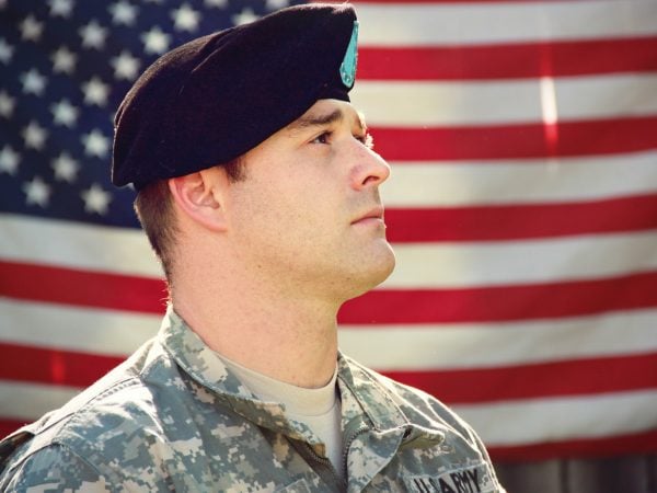 soldier in front of american flag